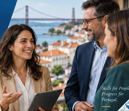 Colleagues talking with Lisbon and the 25 de Abril Bridge behind