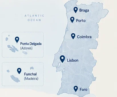 Map of Portugal marking Braga, Porto, Coimbra, Lisbon, Faro, Funchal and Ponta Delgada