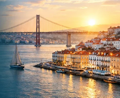 The 25 de Abril Bridge and Lisbon waterfront at sunset