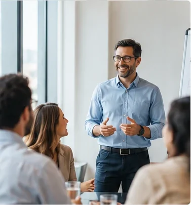 Facilitator smiling as he talks with a group of colleagues