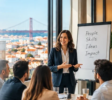 Facilitator leading a team workshop beside a flipchart, with Lisbon and the 25 de Abril Bridge behind