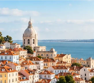 Lisbon rooftops and the dome of the National Pantheon above the Tagus