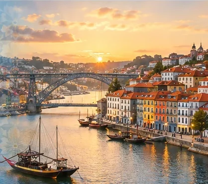 Porto riverfront with traditional rabelo boats at sunset