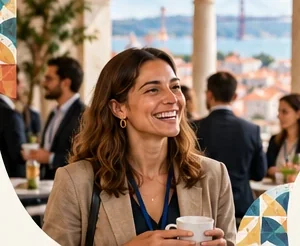 Smiling professional at a networking event on a Lisbon terrace