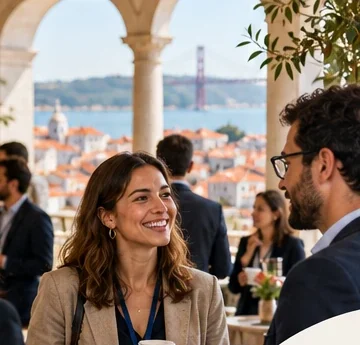 Professionals networking over coffee on a Lisbon terrace with the 25 de Abril Bridge behind
