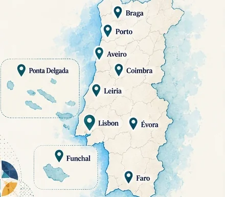 Map of Portugal marking Braga, Porto, Aveiro, Coimbra, Leiria, Lisbon, Évora, Faro, Funchal and Ponta Delgada