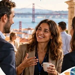 Colleagues in conversation at a networking event in Lisbon
